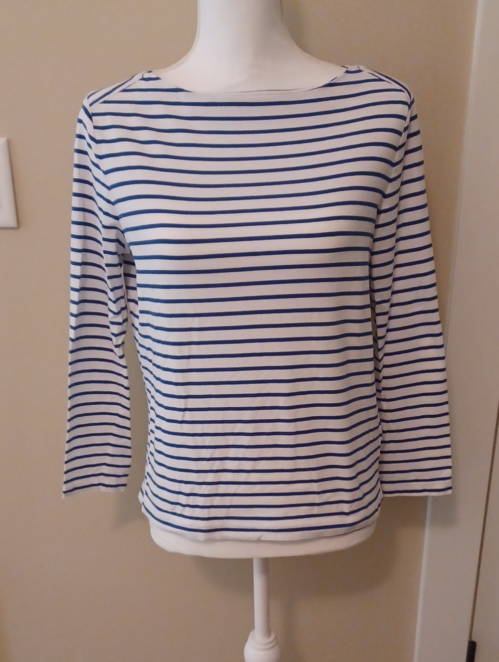 Anne Klein White Top with Blue Stripes - Long Sleeve Boatneck